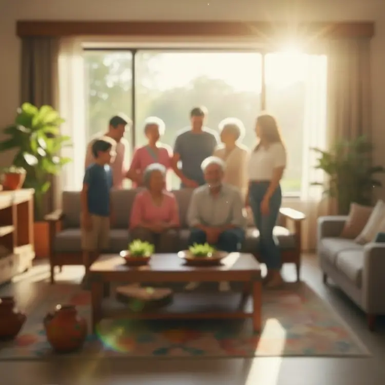 Familia reunida en la sala compartiendo tiempo juntos